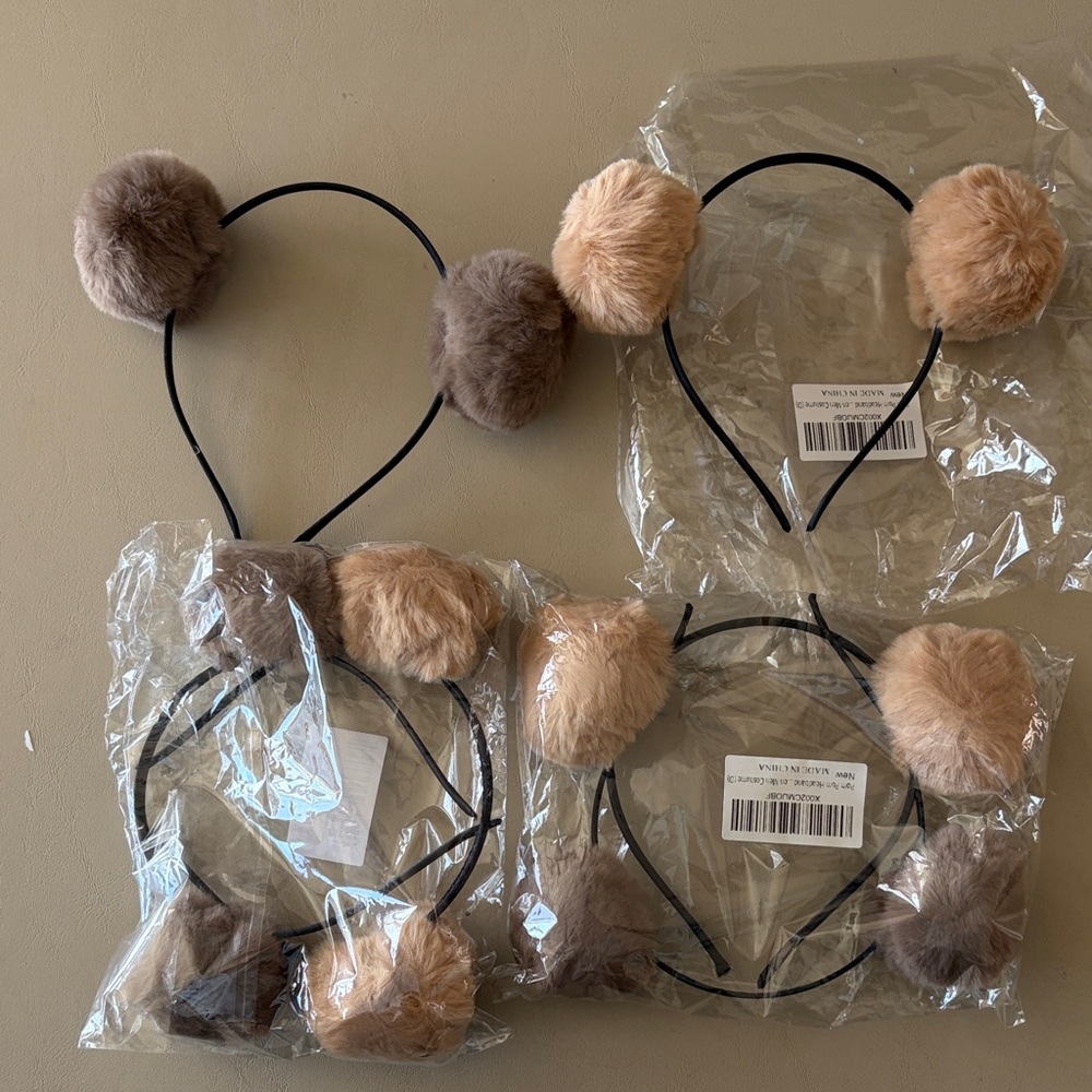 3 sets of Faux Fur Pom Pom Headbands - Beige & Taupe